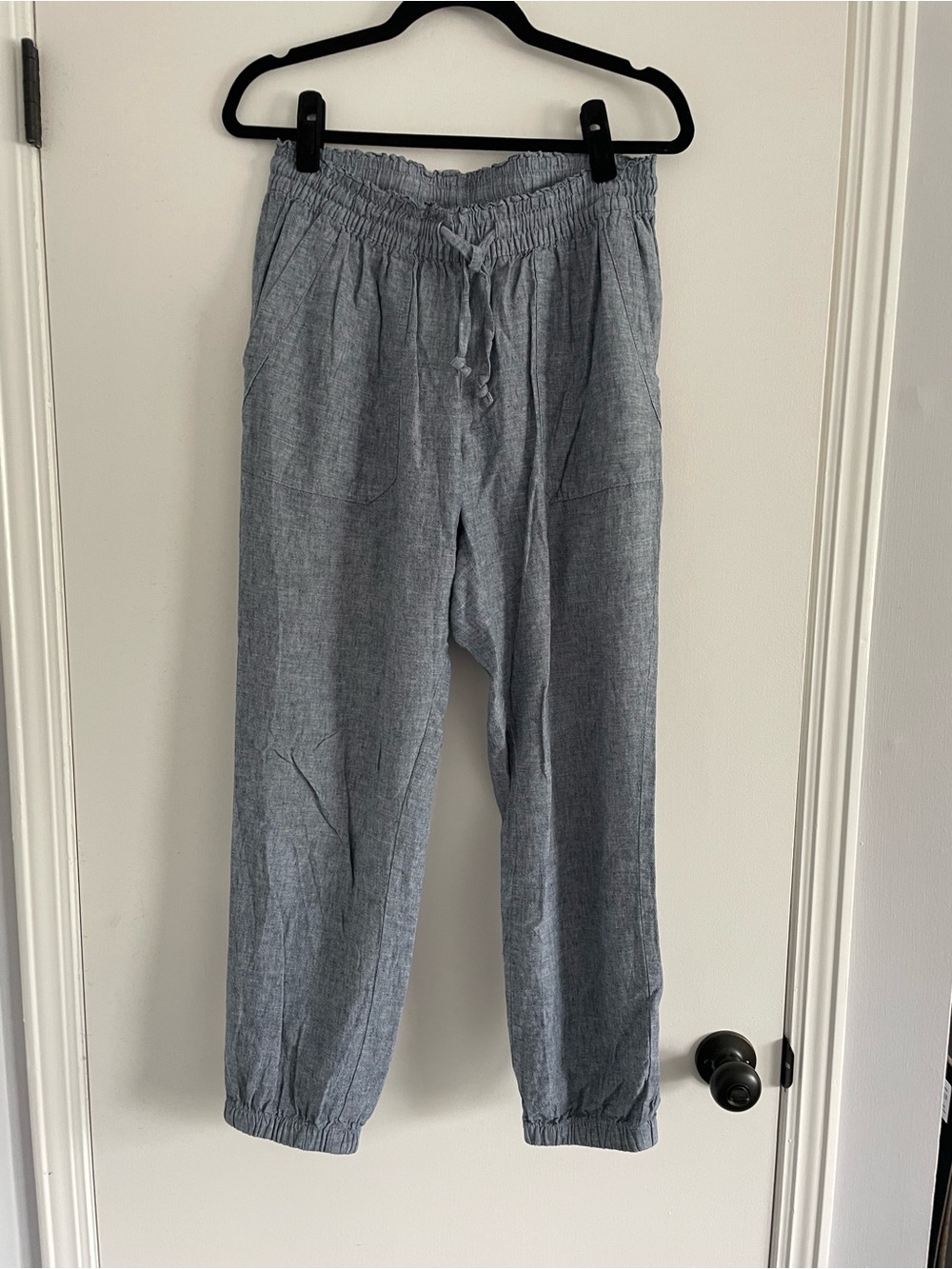 Women's Blue Linen Drawstring Ankle Pants
